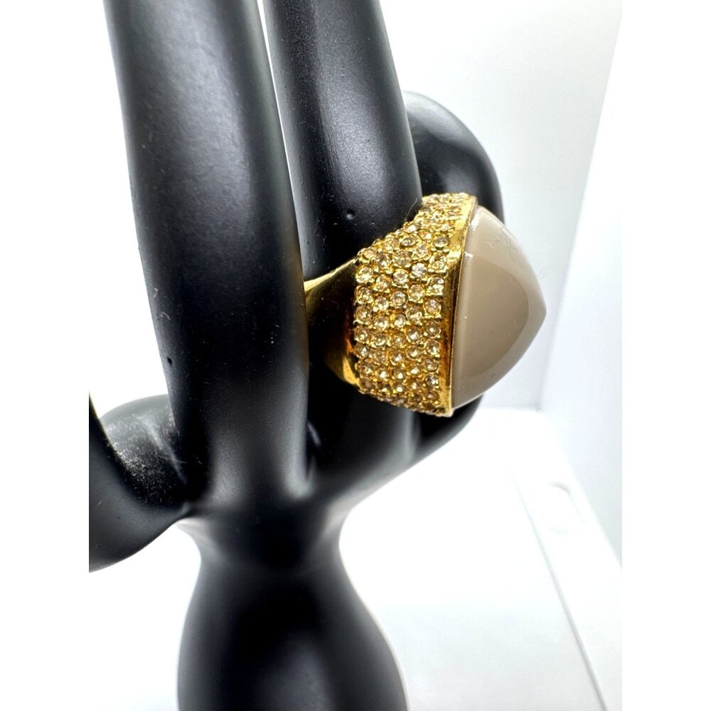 Gold Tone Square Dome Ring Tan Stone Pave' Crystal Sides Size 7 Statement Glam - Picture 4 of 10